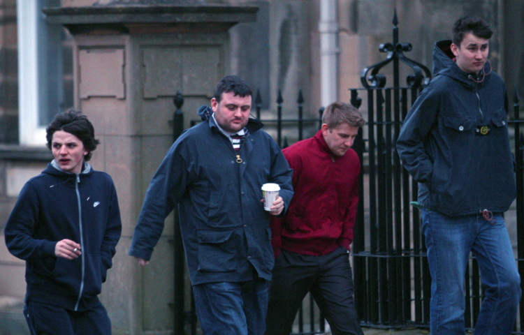 TRIAL AT HAMILTON SHERIFF COURT, INVOLVING FOOTBALL CASUALS FROM DUNDEE, FIGHTING WITH CASUALS FROM HAMILTON, AT A HAMILTON V DUNDEE FOOTBALL MATCH.
PIC SHOWS DUNDEE CASUALS (L TO R) LIAM FULLERTON, SHAUN MURRAY, DANIEL WEIR AND JAMIE GILCHRIST, ARRIVING AT HAMILTON SHERIFF COURT.
SEE PRESSTEAM COPY FOR DETAILS.