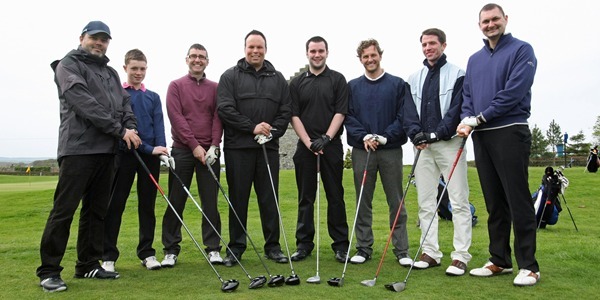 Kim Cessford, Courier, - 25.04.11 - a golf tournamnet was held at the Forrester Park Golf Club, Dunfermline to raise funds for photographer Derek Blair who was injured in a car crash - pictured are some of the company who took part in the event - they had already started when I arrived (15 mins early!) but apparently David Wardle has a pic of the whole company