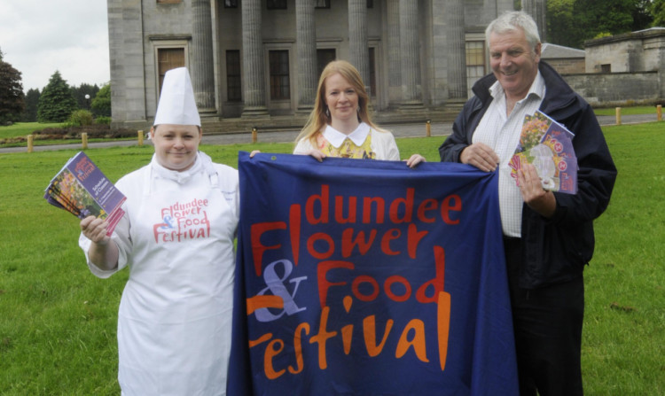 Dundee & Angus College chef lecturer Rosie Brooks, Councillor Vari McDonald and forestry officer Eric Hamilton at the festival launch.