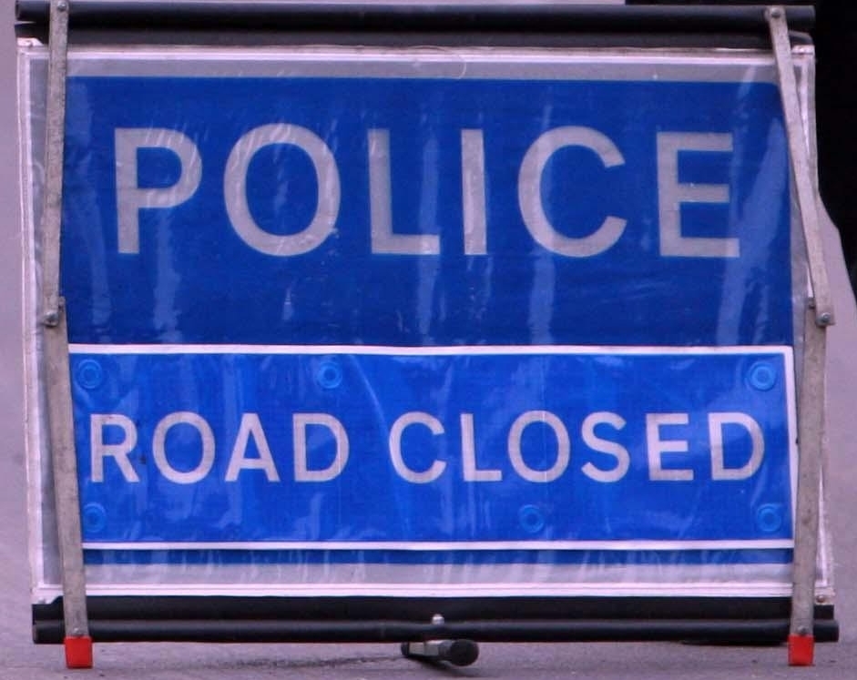 A police road block after an RAF Harrier Jet crashed in a field near Ashwell, Rutland, Leicestershire.