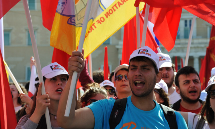 A May Day rally on the streets Athens.