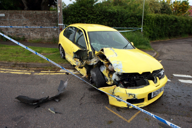 The car that smashed into a garden wall on Harestane Road.