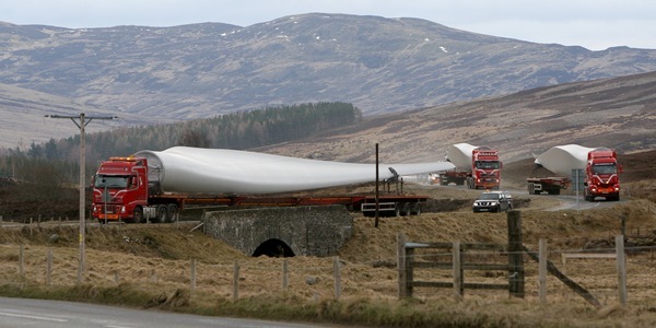 Griffin Wind Farm, near Aberfeldy, parts arrive by road - pictured are some of the blades arriving at the wind farm in Perthshire