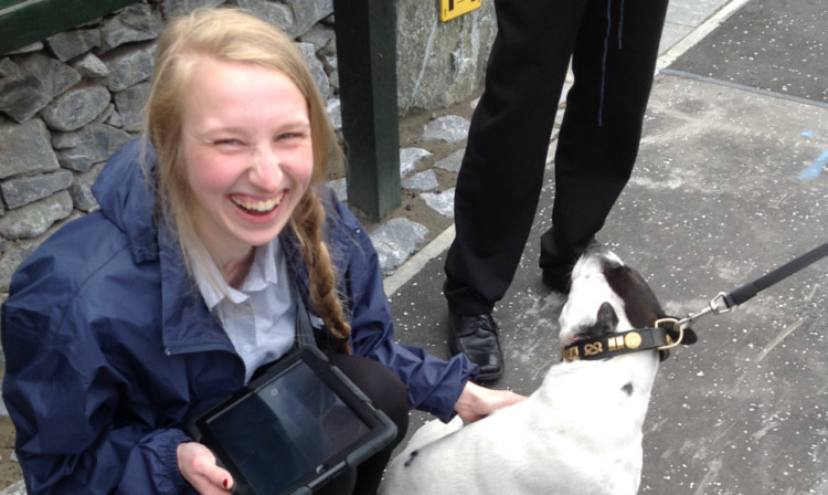 Roadshow member Rebecca Shearer makes a four-legged friend.