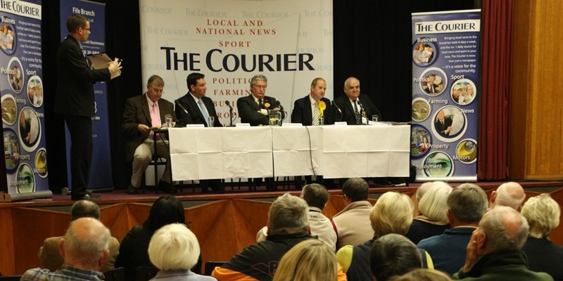 DOUGIE NICOLSON, COURIER, 27/04/11, NEWS.
DATE - Wednesday 27th April 2011.
LOCATION - Elmwood College, Cupar.
EVENT - Courier hustings.
INFO - Courier Political Reporter David Clegg, left, with the candidates L/R, Colin Davidson - Labour, Miles Briggs - Conservative, Mike Scott-Hayward - UKIP, Iain Smith - Lib Dems, and Roderick Campbell - SNP.
STORY BY - Dave Lord, Cupar office.