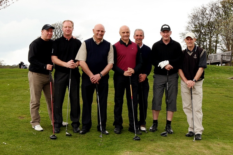 John Stevenson, Courier,28/04/10.Fife,Aberdour Golf Course,Pro-Celeb golf tournament organised by Forfar boss Dick Campbell raising £10,000 for charity in honour of his mum who died of dementia last year.Over 80 golfers took part most from Scottish football background.This group shows l/r John Robertson,Jimmy Nicoll,Dick Campbell,Ian Campbell,Jocky Scott,Craig Levein,Gordon Durie.