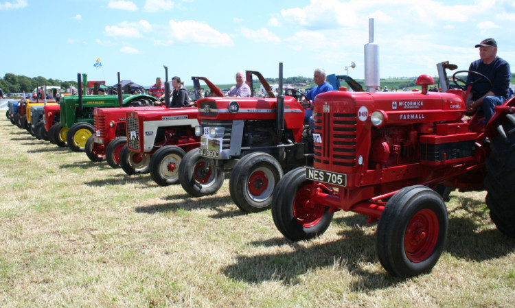 An eclectic line up of tractors in the hay mower parade.