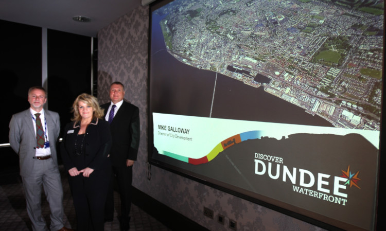 Philip Long of V&A Dundee, Dundee & Angus College chief executive Sandra Burke and director of city development Mike Galloway at the waterfront update meeting for businesses.