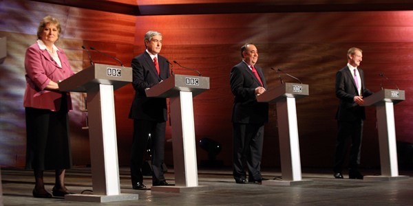 Steve MacDougall, Courier, Perth Concert Hall. BBC Political Party Leaders Debate. Left to right is Annabel Goldie (Con), Iain Gray (Lab), Alex Salmond (SNP) and Tavish Scott (Lib Dem).