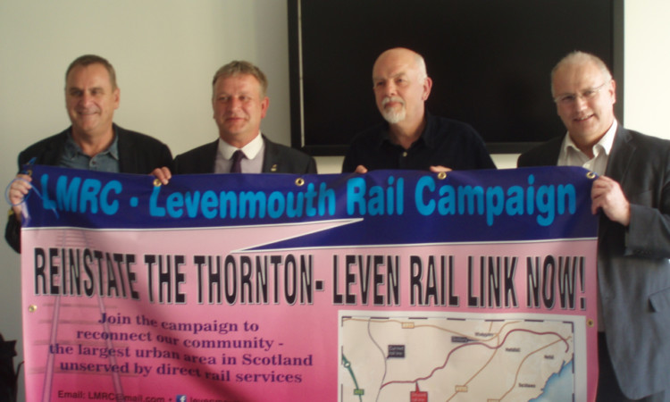 MSP David Torrance, second left, and Fife Council leader David Ross, far right, both support the rail link campaign.