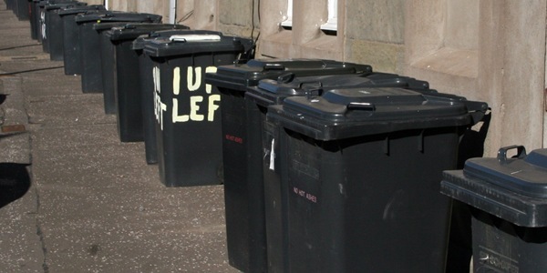 Bins sitting out in Lyon Street, Dundee, three days before collection.