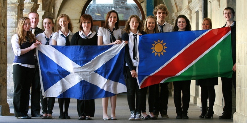 Kris Miller, Courier, 03/05/11. Picture today at Madras College, South Street, St Andrews. Picture shows some of the students who are taking part in a voluntary teaching trip to Namibia on 1st of July (flying the Namibian flag). The group are holding various fundraising events including a car boot sale at Madras Saturday 7th, 10am-2pm, a coffee morning in Gregory hall, Tayport Saturday 7th, 10am-12 and a Harry Potter Quiz at Kilrymont, Thursday 5th at 6pm.