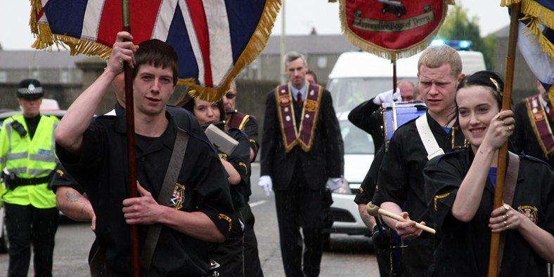 Clepington Road, Dundee. Orange Walk to City Square. Pictured are members of the Dundee Campsie Club Apprentice Boys of Derry.