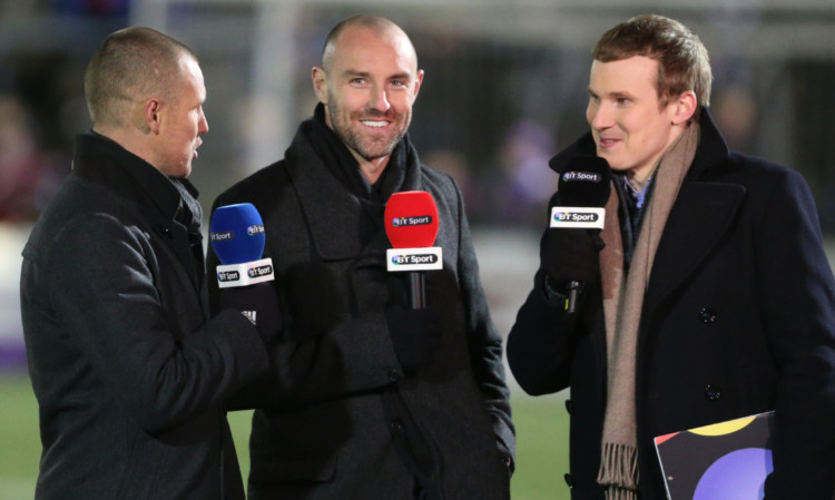 Kenny Miller, left, and Kris Boyd, centre, with presenter Darrell Currie in a BT Sport broadcast from Forfar Athletics Station Park. Fife TV support software firm PayWizard counts BT Sport among its client base.