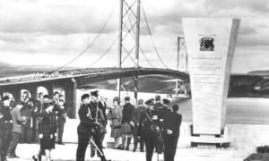 An archive photo of the opening of the Forth Road Bridge.