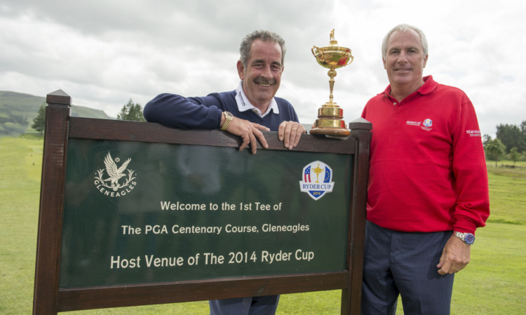 Sam Torrance and former USA Ryder Cup captain Curtis Strange on the 1st tee of the Centenary Course.