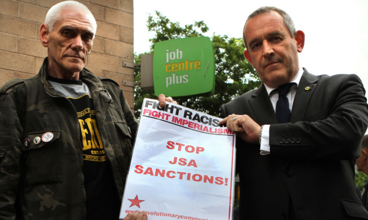 Stewart Hosie MP, right, with protester Ronnie Swinton.