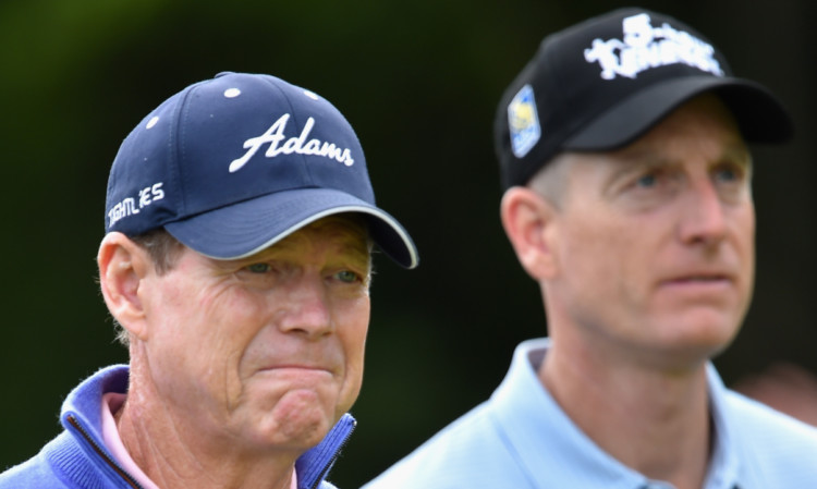 Tom Watson and Jim Furyk during a practice round for this weeks Open at Hoylake.