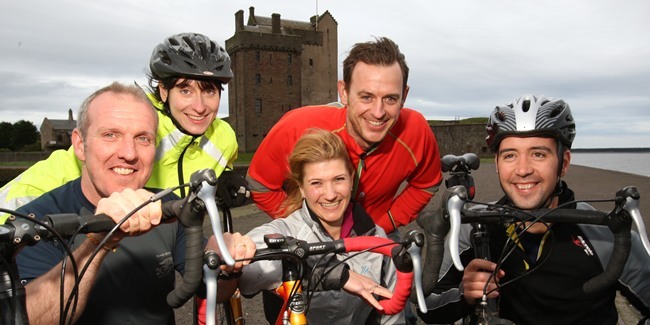 Kris Miller, Courier, 15/05/11. Picture tonight at Broughty Castle shows some of the cyclists who are taking part in the 'Tour De Grouse' to raise funds for RP Fighting Blindness. Pic shows L/R, Bill Green, Lynne Taylor, Judith Clark, Paul Cooper and Mike Kelleher.