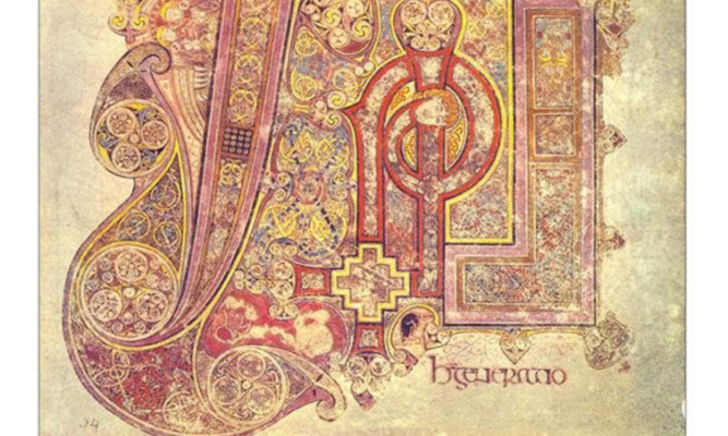 Part of a  lavishly illustrated page from the Book of Kells.