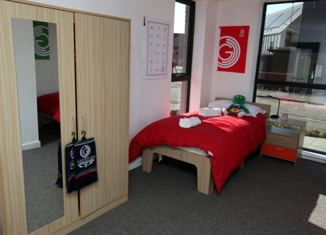 A bedroom in the athletes village at Glasgow 2014.