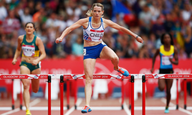 Eilidh Child on her way to victory and a place in the 400m hurdles final.