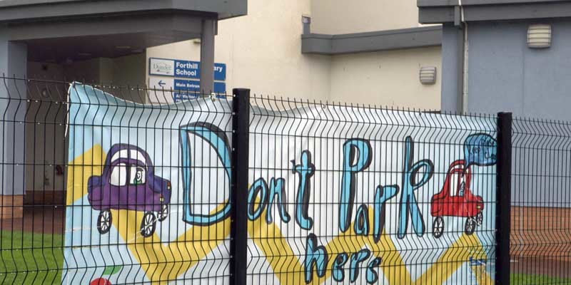 Bob Douglas, Evening Telegraph. READERS' LETTERS. Parking at Forthill Primary School. Sign on the fence opposite the drop off point.