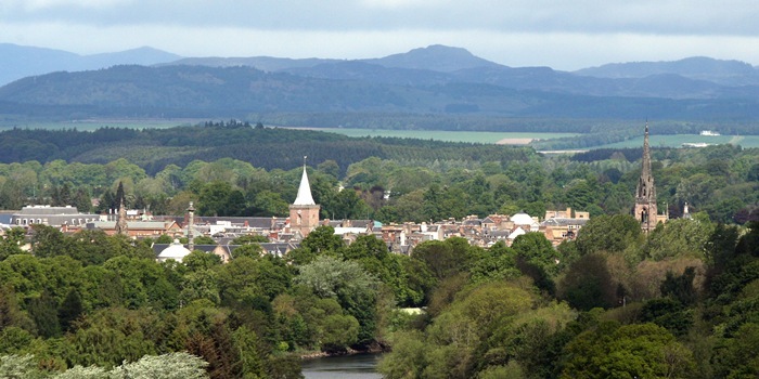 General view of Perth taken from Rhynd Road, Perth. Pictured, centre foreground is River Tay, with St John's Kirk (left) and St Matthew's Church (right).    Panoramic view of Perth.