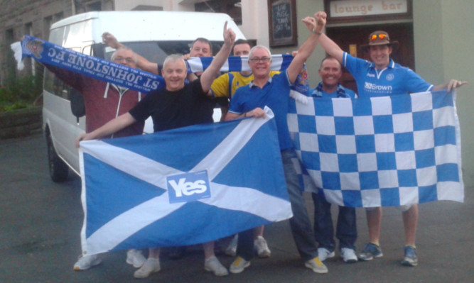 Paul Hotchkiss, Ally Munro, Ronnie Smith, Alan Tavendale, Jamie Koo, Andy Lothian and Gus Harris outside the Abbotsford pub in Craigie as they prepared to set out for Bratislava. Fellow intrepid traveller David Fleming is behind the camera.