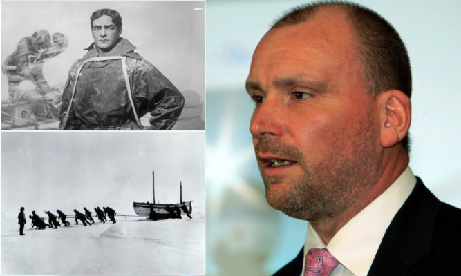Clockwise, from top left: Sir Ernest Shackleton, Stewart Stirling, the expedition with Shackleton looking on.