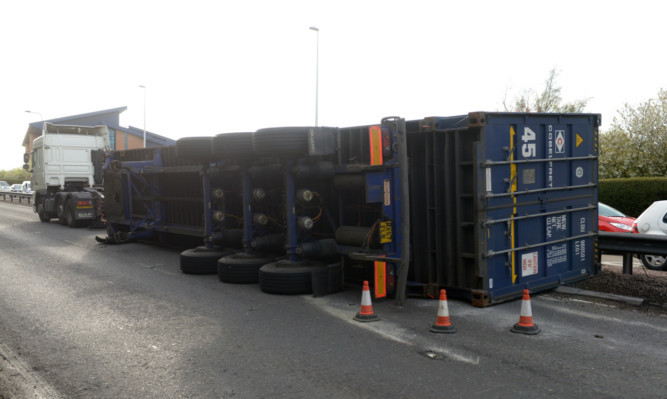 The overturned lorry on the Kingsway.
