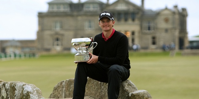 Kim Cessford, Courier - 05.06.11 - pictured on the Swilken Bridge is Tom Lewis winner of the St Andrews Links Trophy 2011