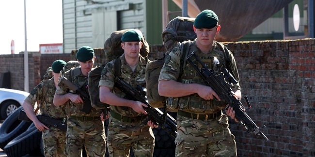 RM Condor, Arbroath. Condor Marines depart for Afghanistan. Pictured, left to right is Marine Stuart Vass, Lance Corporal John MacLeod, Bombadier Stefan Spink and Lance Bombadier Michael Gibson.