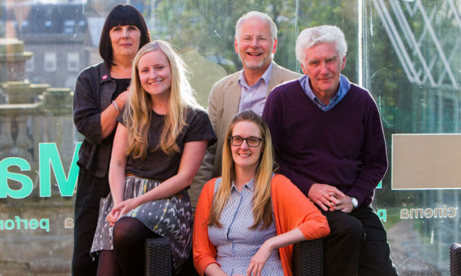 Peggy Marra, Hannah Maclure Centre curator Clare Brennan, Nicola Killean, Optimistic Sound Dundee trustee Donald Gordon and Michael Craig.