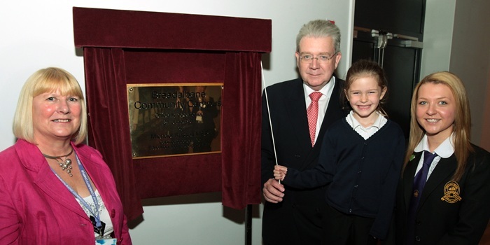 John Stevenson, Courier,21/06/11. Perth, Aberfeldy, Breadalbane Community Campus opened by Michael Russell MSP, Cabinet Seretary for Education and Lifelong Learning.Pic shows plaque unveiling, with names l/r Linda Swan(Campus Leader), Michael Russell MSP, with pupils Ellie Grierson and Head Girl Lucy Townley who assisted Mr Russell.