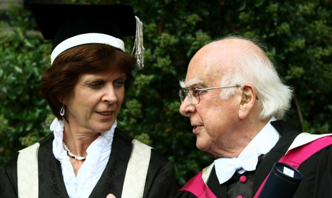 Professor Louise Richardson with honorary graduate Professor Peter Higgs at this year's St Andrews graduation ceremony.