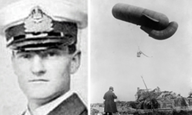 Major Alastair Geddes (left) and one of the observation balloons similar to the ones he flew.