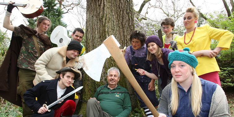 Kris Miller, Courier, 05/05/10, News. Picture today at Scottish National Heritage, Battleby. Pic shows Wildlife and Environmental crime officer, Alan Stewart chained to a tree by members of Perth Youth Theatre. The event was to promote the youth theatre bringing eco comedy, 'The Tree' to parks in the area. See Perth for story.