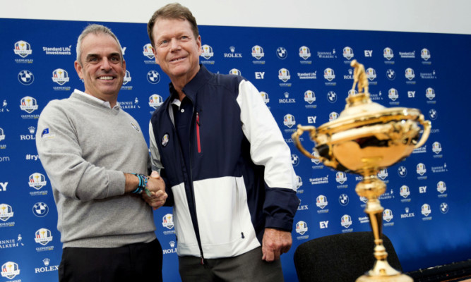 Team Europe captain Paul McGinley (left) and Team USA captain Tom Watson shake hands as they hold a joint press conference ahead of the Ryder Cup at Gleneagles.