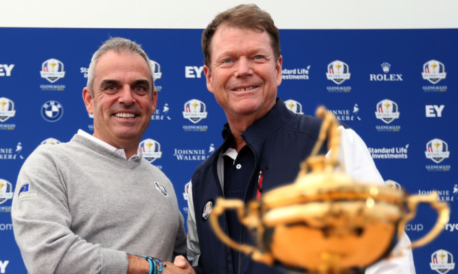 Team Europe captain Paul McGinley, left, and Team USA captain Tom Watson at the joint press conference ahead of the Ryder Cup at Gleneagles.