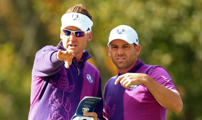 Europe's Ian Poulter and Sergio Garcia during a practice session at Gleneagles.