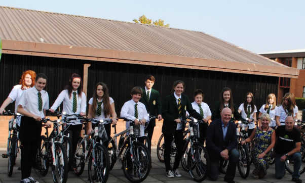 Arbroath High School pupils trying out the new bikes, overseen by John Grant, headteacher Gillian Rew and Steve Smith of Angus Bike Chain, which has provided all the equipment.