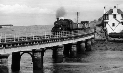 Thought to be the last steam train to cross the now vanished rail bridge at Guardbridge before the line was closed. in the 1960s.
