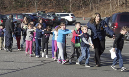 Connecticut State Police lead children to safety.