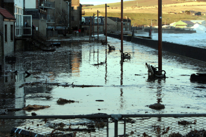 The flooded esplanade area of the seafront at Stonehaven.