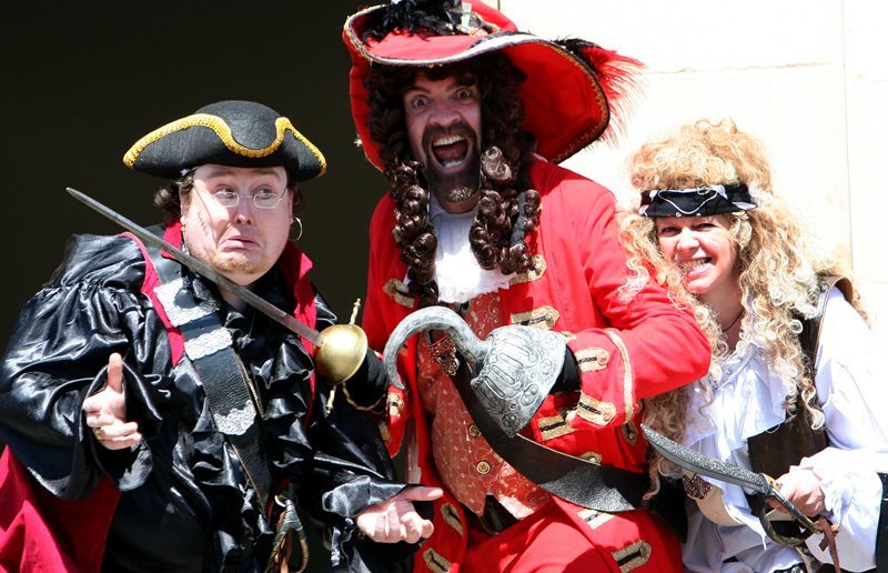 Kim Cessford, Courier - 15.05.10 - the cast from Herald Events went on a search in Kirriemuir for recruits to their Pirate Training Camp which was held in the Guide Hall in Kirriemuir as part of the Pan weekend celebrations - pictured outside the Town Hall are l to r - Smee, Captain Hook and Mad Maisie