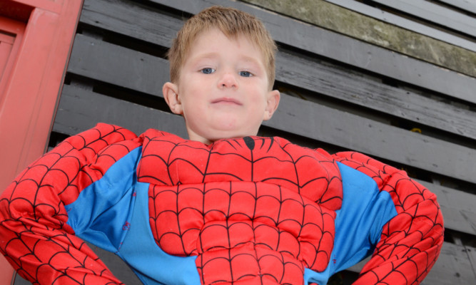 Owen Allan by the wooden slats that cover his familys three-storey flat. His mother Wendy is worried about the Spiderman-obsessed youngster climbing the slats and injuring himself.