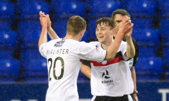 Nicky Riley celebrates his goal with Jim McAlister.