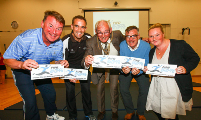 From left: Buckhaven High School principal PE teacher Willie Allan, Alex Bird, Fife Provost Jim Leishman, Councillor Mark Hood and Active Schools manager Pam Colburn.