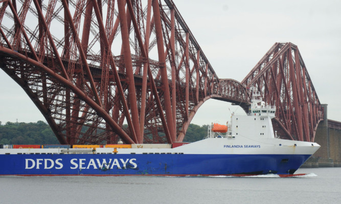 The Finlandia Seaways sails into Rosyth under the Forth Bridge

.